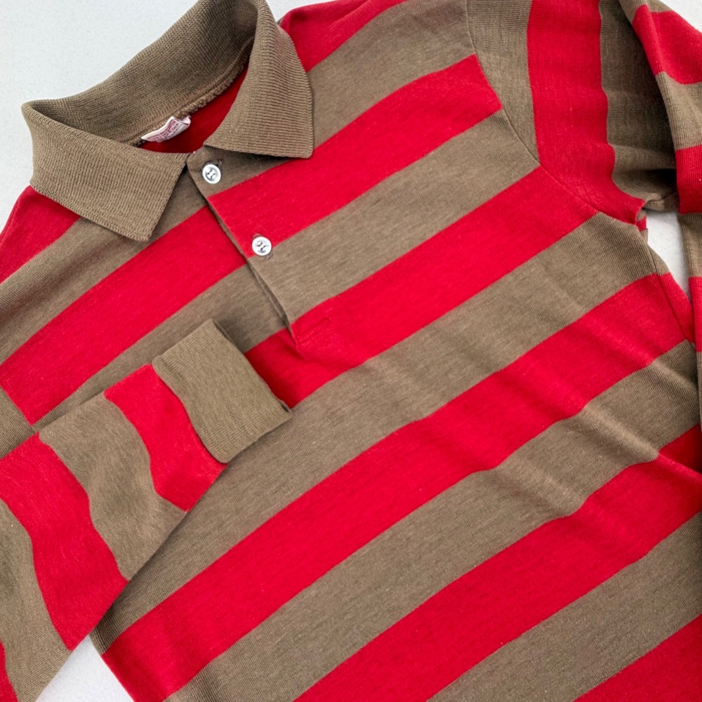 Donmoor Striped Polo Shirt Boys 20 Red Brown Long Sleeve Vintage Excellent